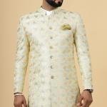 Regal Lemon-Yellow Thread Embroidered Sherwani | Father Son Combo | Perfect Groom Wear Achkan